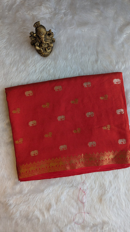 Red Crepe Silk Saree with Big border with Zari lines and Buttis