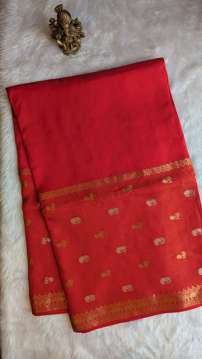 Red Crepe Silk Saree with Big border with Zari lines and Buttis