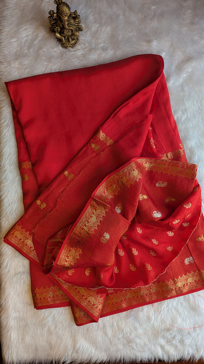 Red Crepe Silk Saree with Big border with Zari lines and Buttis