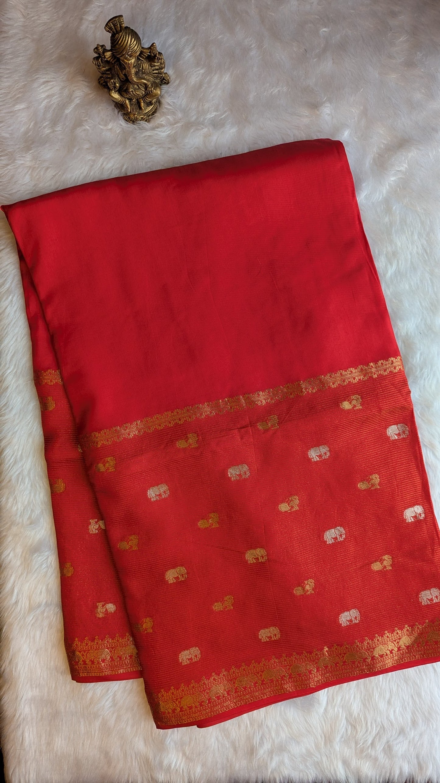 Red Crepe Silk Saree with Big border with Zari lines and Buttis