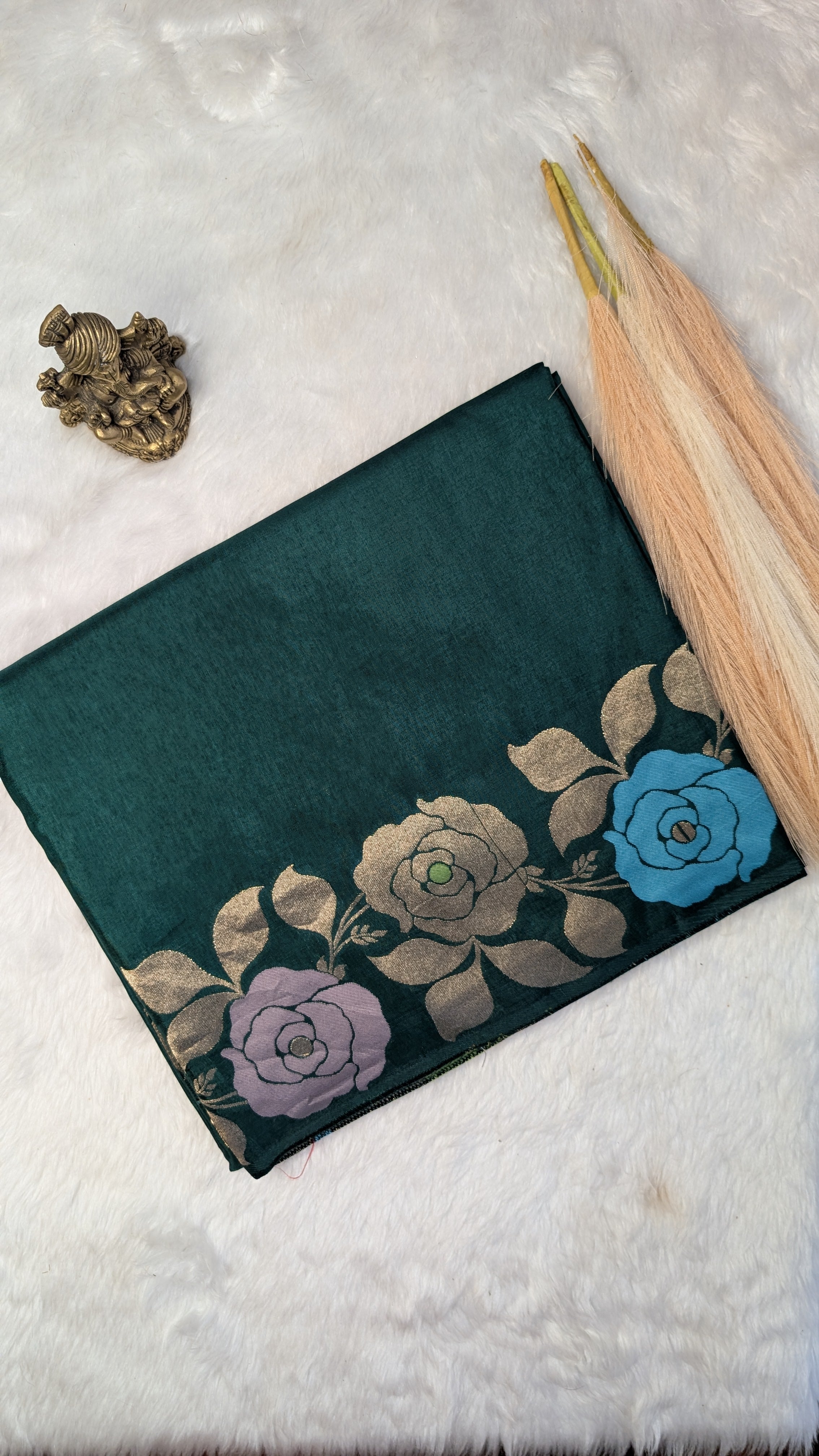 Green Viscose Crepe Silk with Flower Zari Border