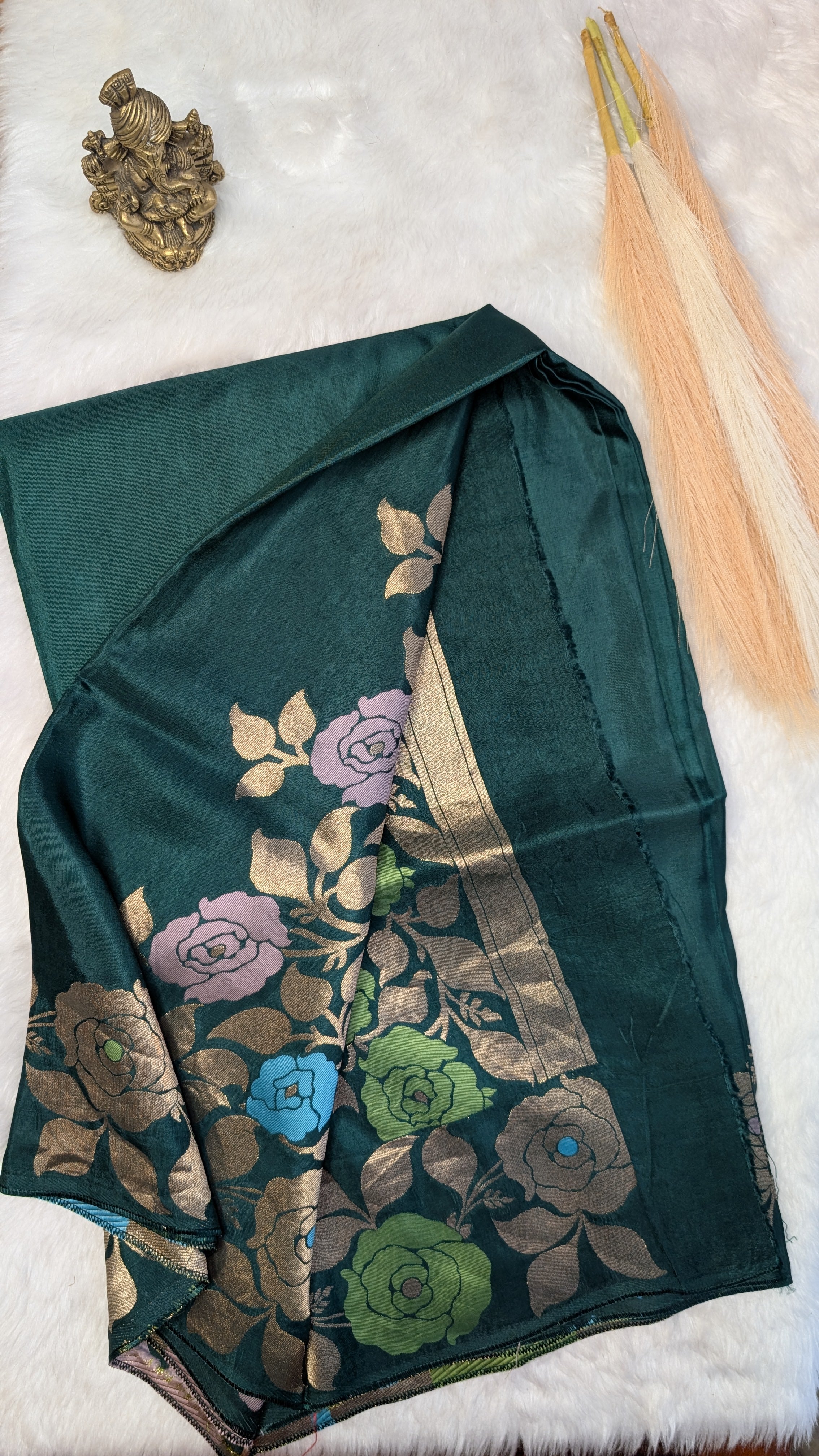 Green Viscose Crepe Silk with Flower Zari Border