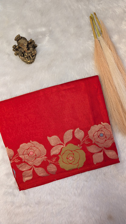 Orangish Red Viscose Crepe Silk with Flower Zari Border