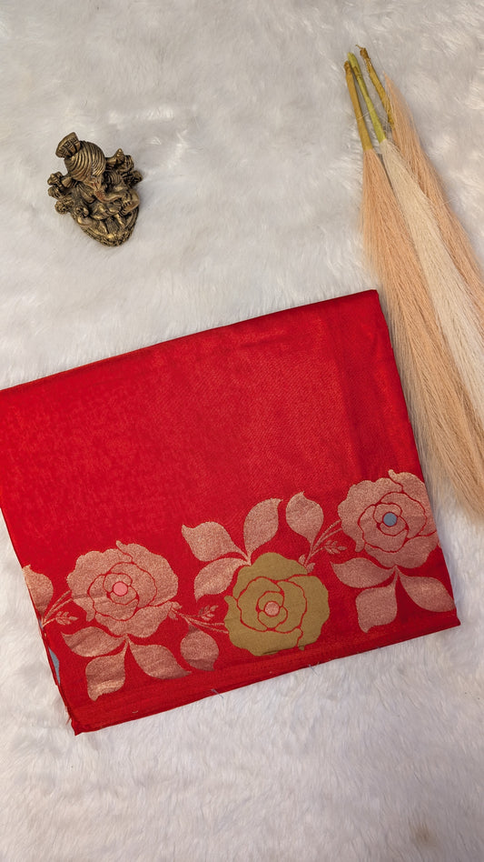 Orangish Red Viscose Crepe Silk with Flower Zari Border