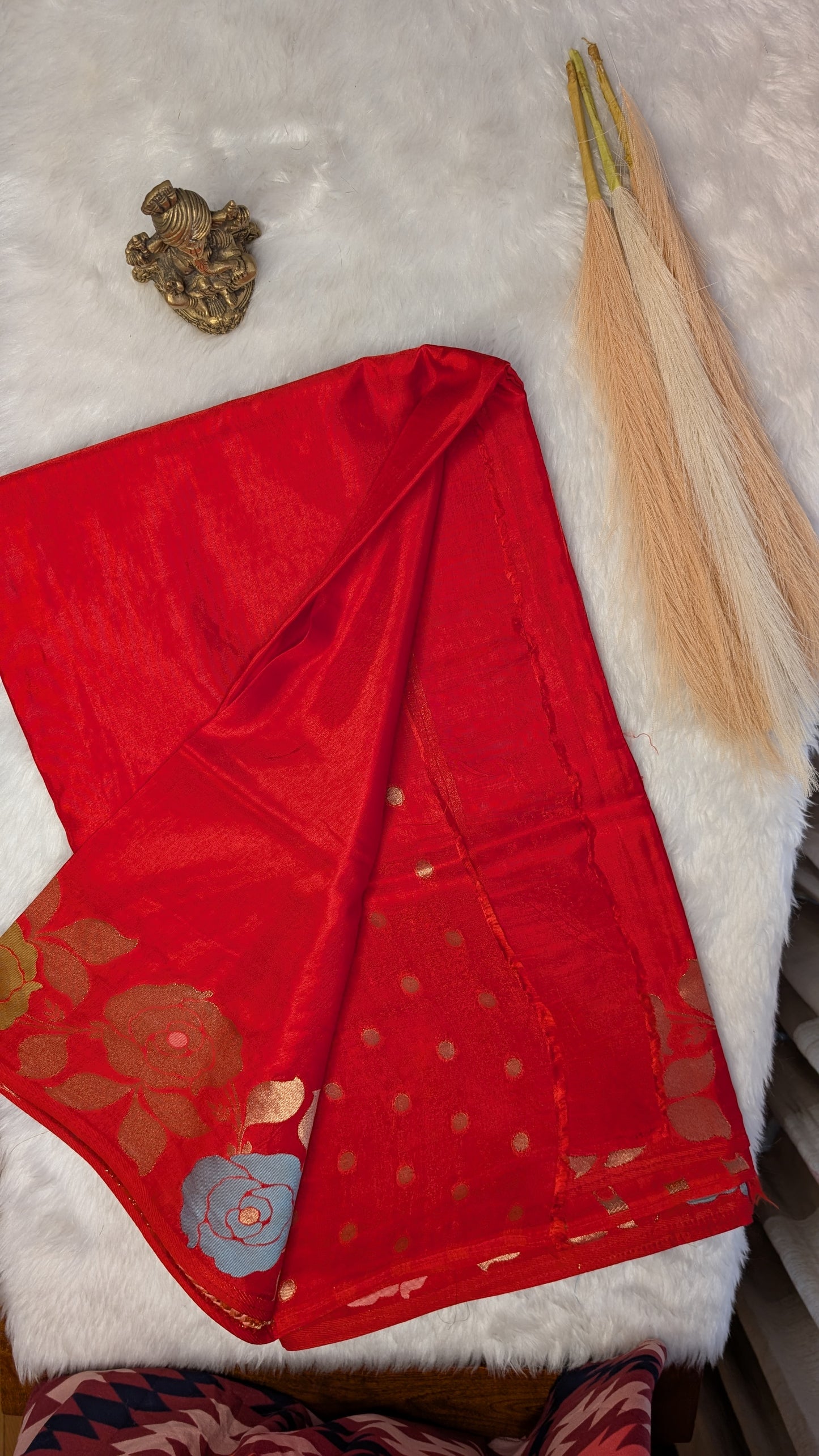 Orangish Red Viscose Crepe Silk with Flower Zari Border