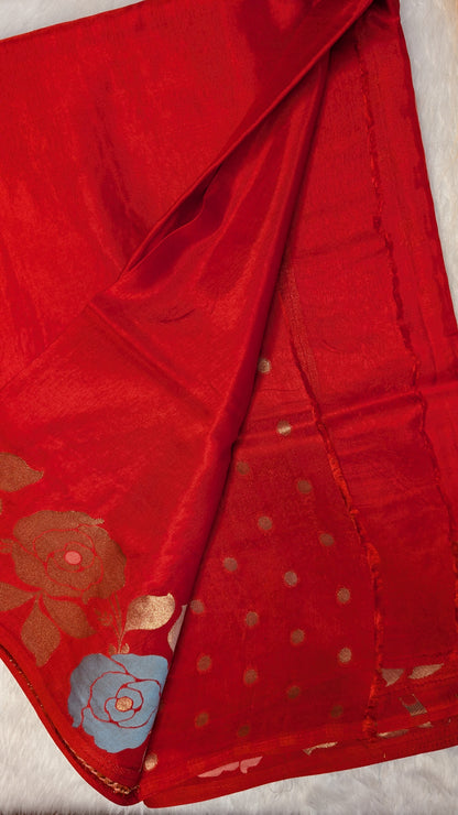 Orangish Red Viscose Crepe Silk with Flower Zari Border