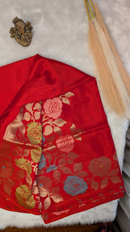 Orangish Red Viscose Crepe Silk with Flower Zari Border