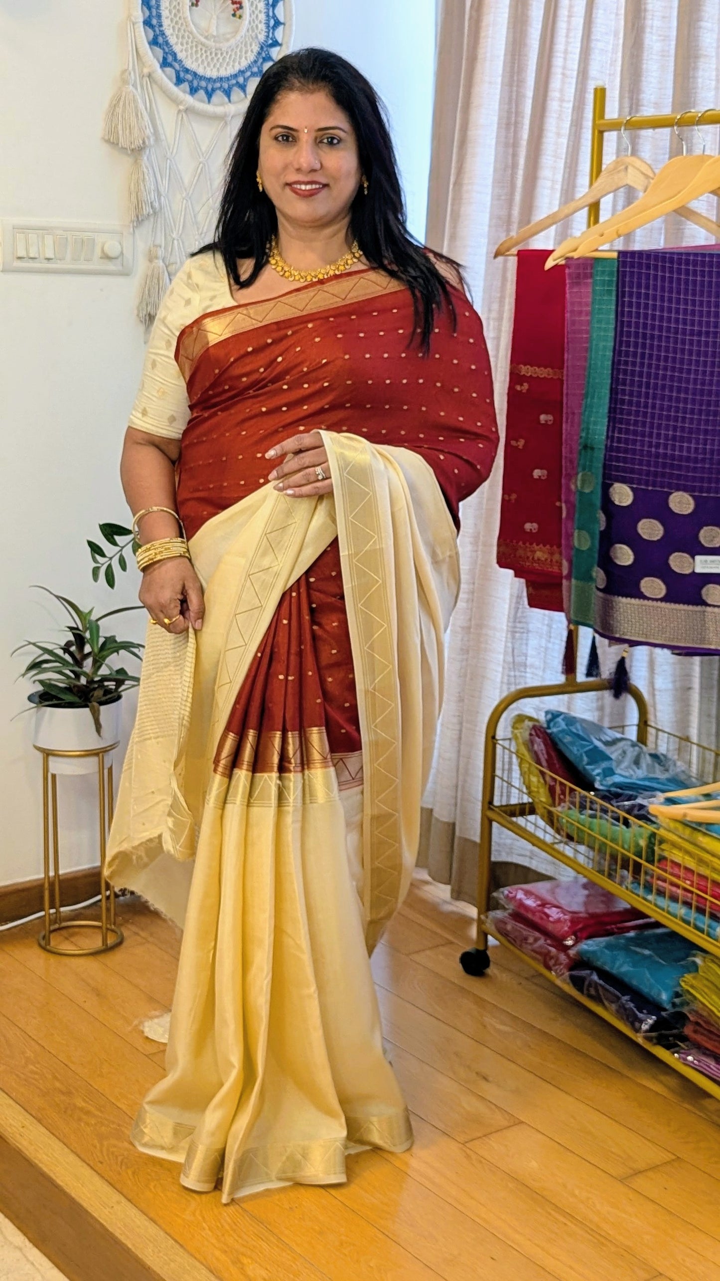 Rust Orange and Cream Half n Half Crepe Silk Saree