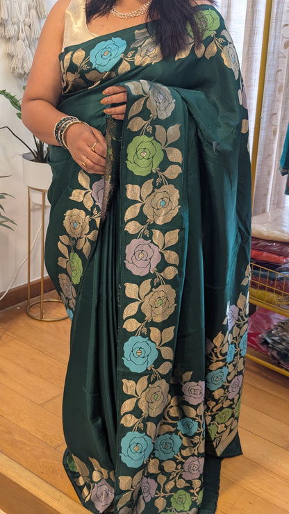 Green Viscose Crepe Silk with Flower Zari Border