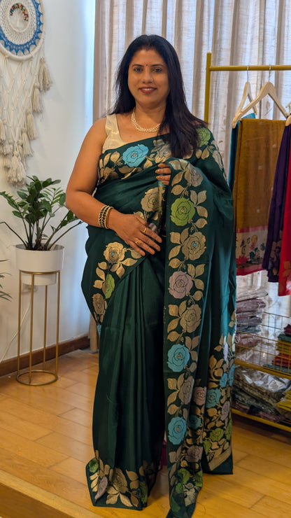 Green Viscose Crepe Silk with Flower Zari Border