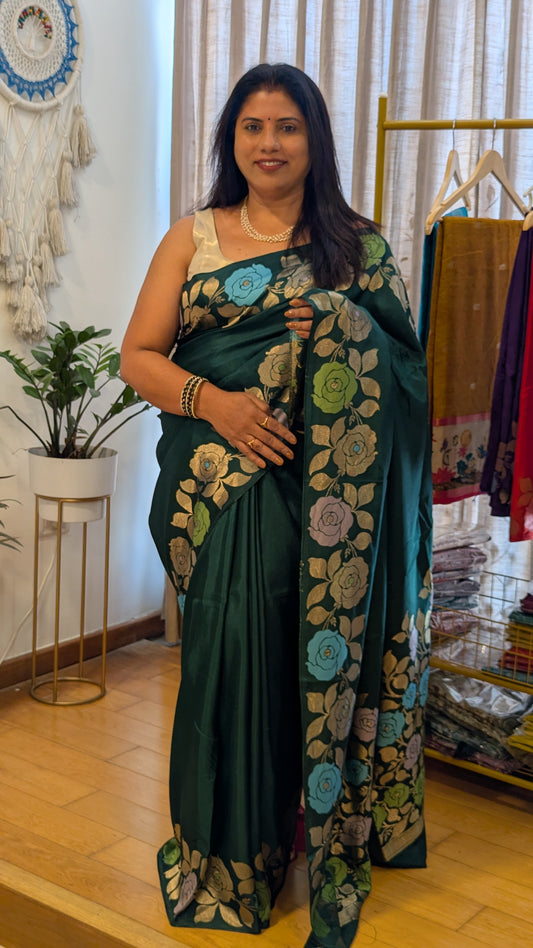 Green Viscose Crepe Silk with Flower Zari Border