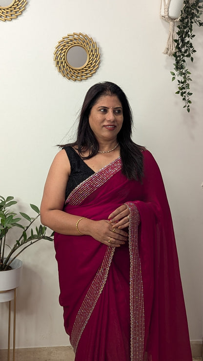 Magenta Stone Work Tissue Saree