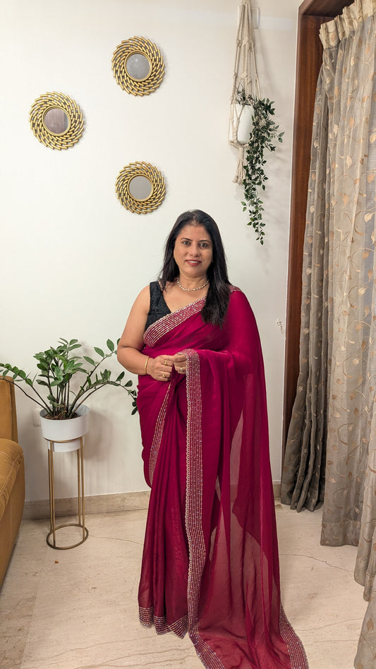 Magenta Stone Work Tissue Saree