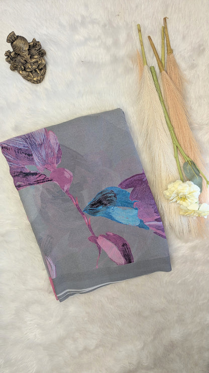 Grey Premium Georgette Floral Design Saree