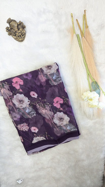 Brinjal Purple Premium Georgette Floral Design Saree