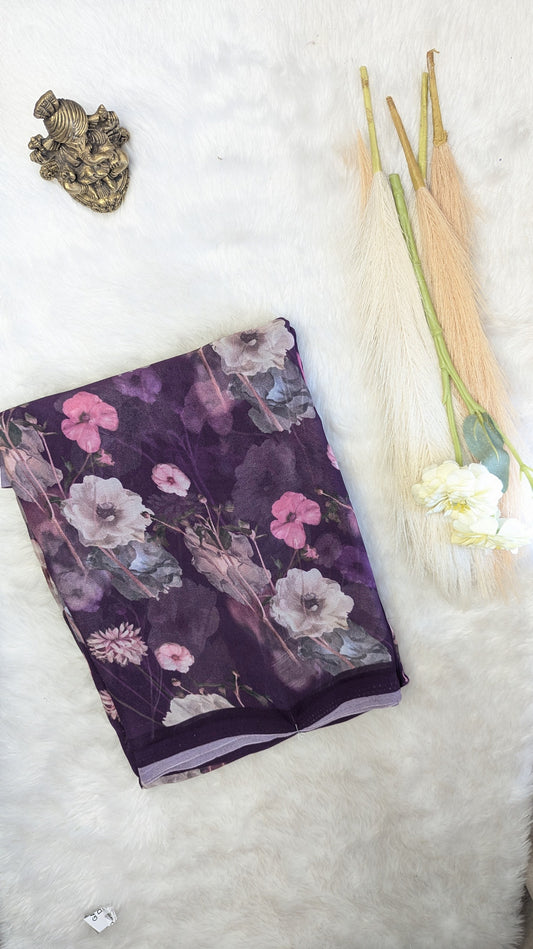 Brinjal Purple Premium Georgette Floral Design Saree