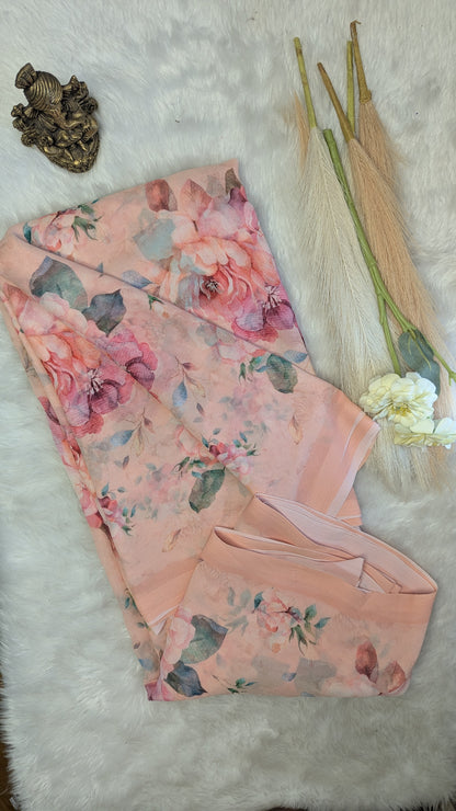 Peach Premium Georgette Floral Design Saree