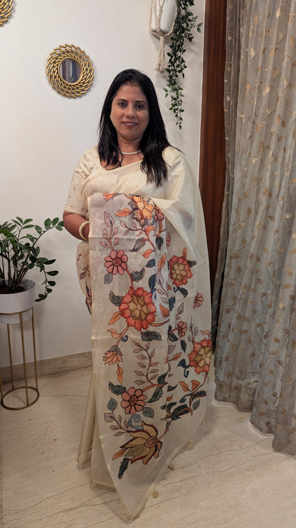 Kota Checks with Kalamkari Applique work-Cream