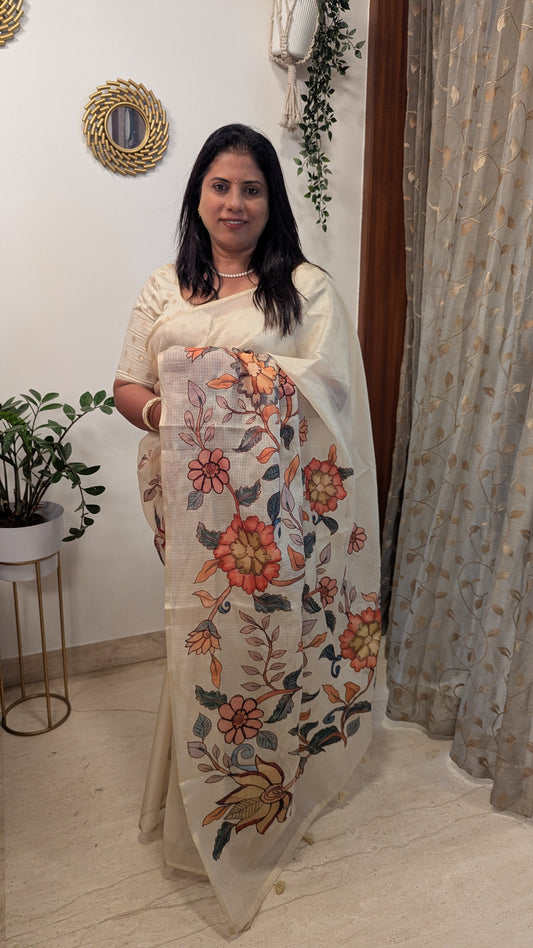 Kota Checks with Kalamkari Applique work-Cream