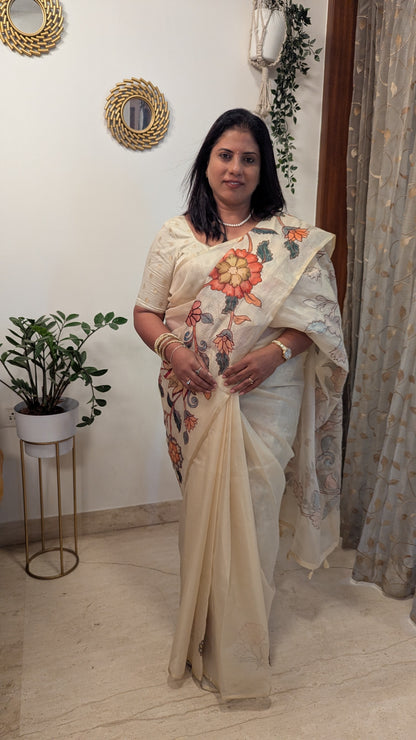 Kota Checks with Kalamkari Applique work-Cream