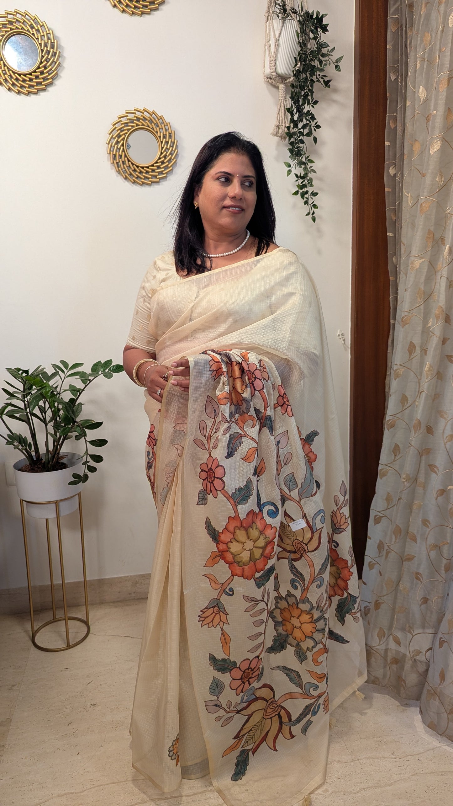 Kota Checks with Kalamkari Applique work-Cream