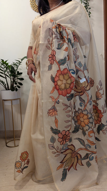 Kota Checks with Kalamkari Applique work-Cream