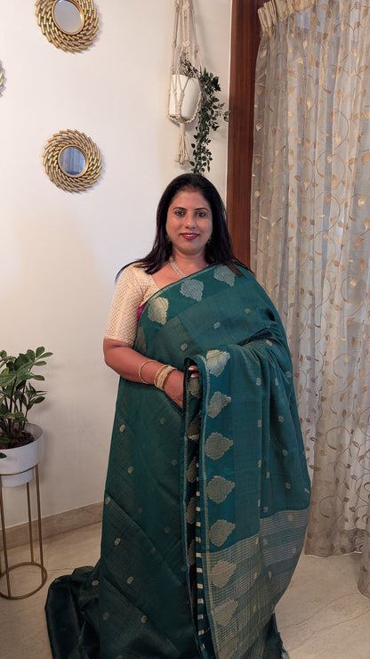 Semi Crepe Silk with Zari Lines-Green