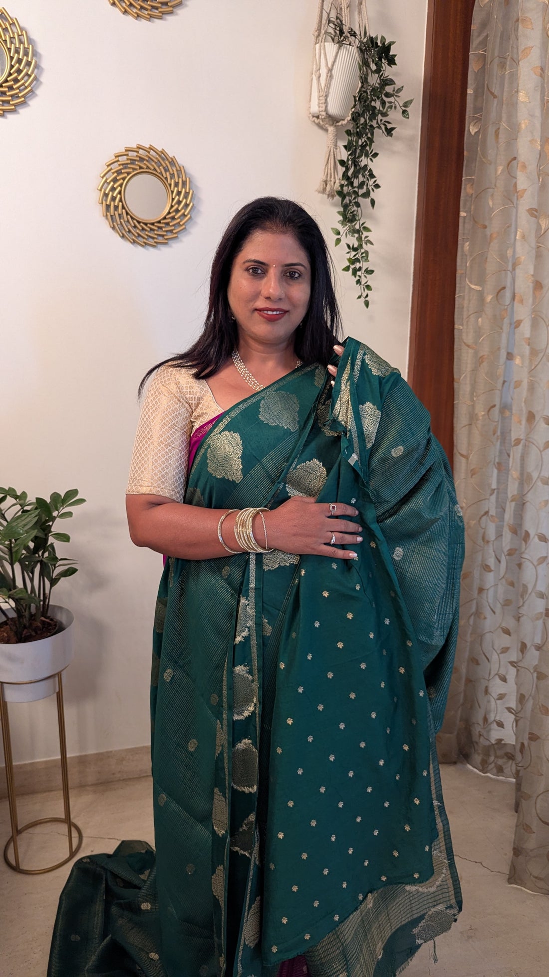 Semi Crepe Silk with Zari Lines-Green