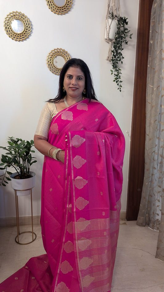 Semi Crepe Silk with Zari Lines-Dark Pink