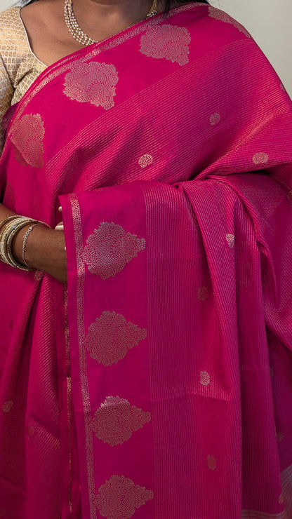 Semi Crepe Silk with Zari Lines-Dark Pink