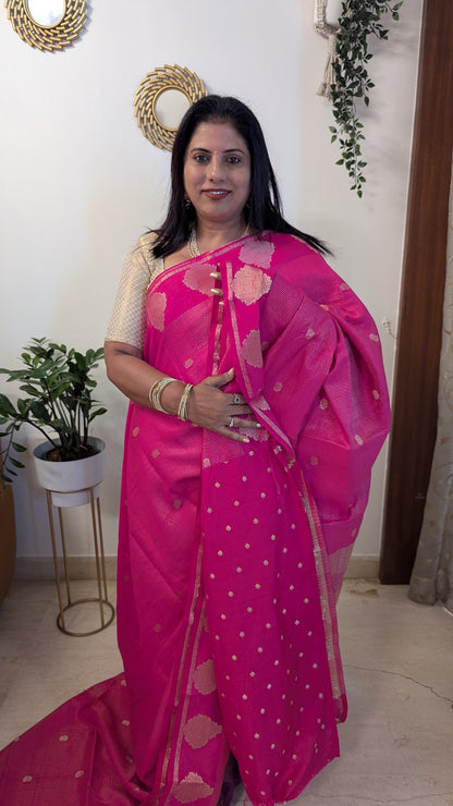 Semi Crepe Silk with Zari Lines-Dark Pink