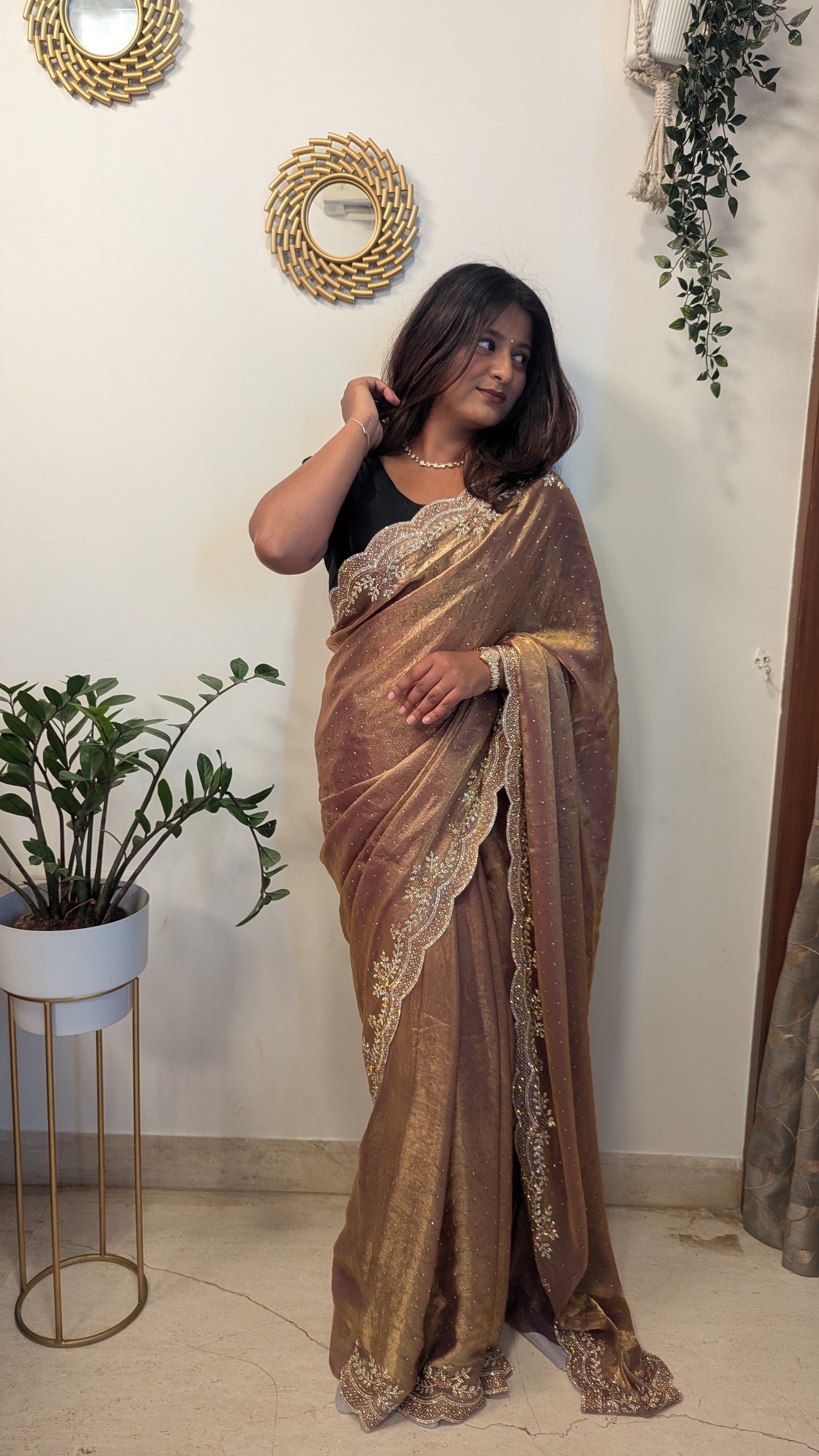 Tissue Saree With Stone Cut Work