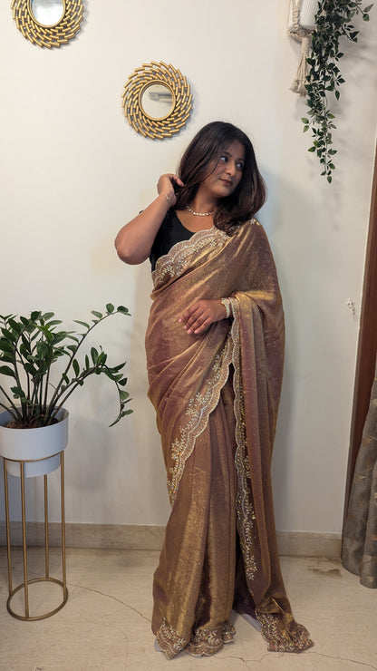 Tissue Saree With Stone Cut Work
