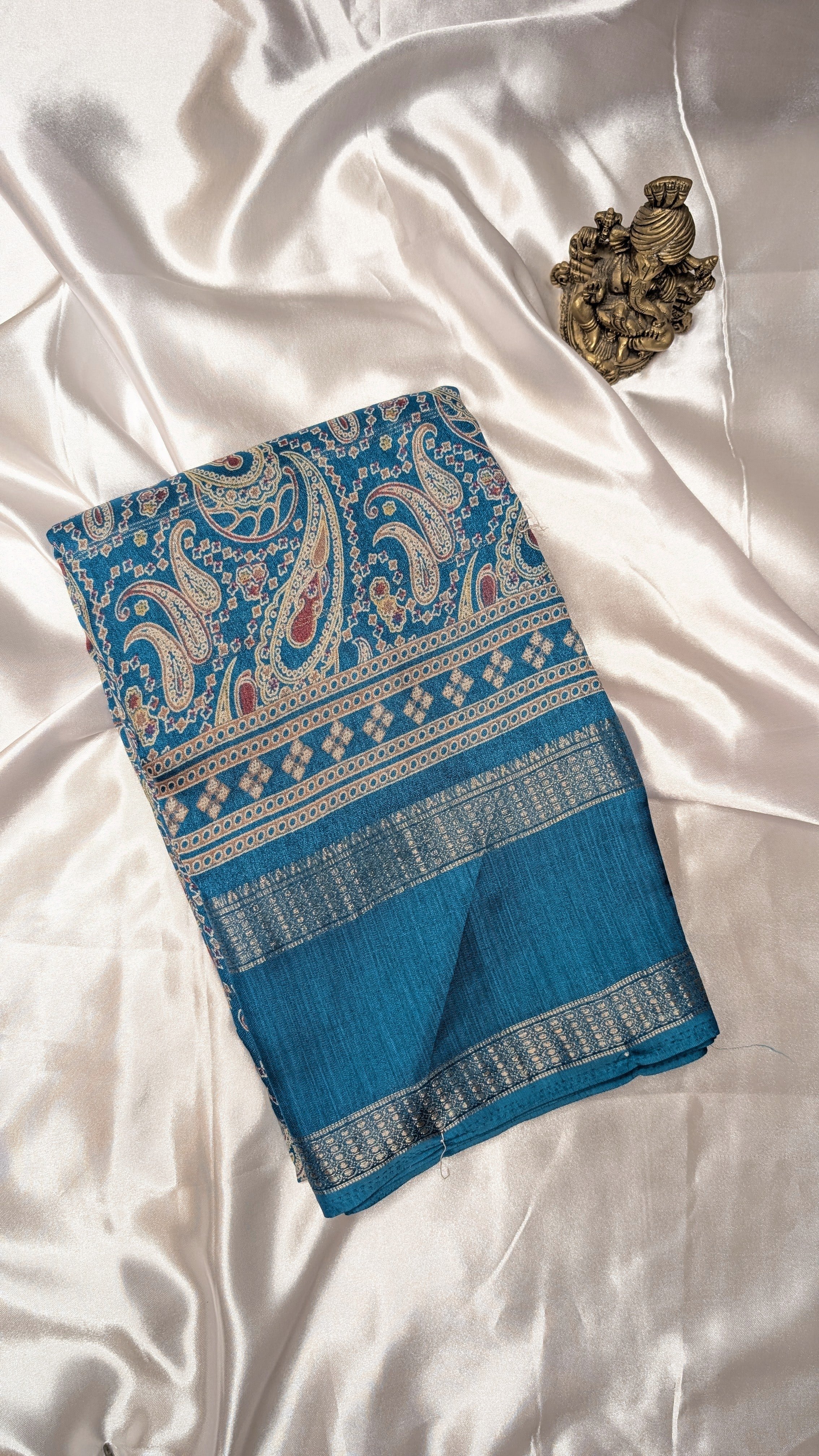 Soft Finish Saree with Intricate Prints & Elegant Double Border - Teal Blue