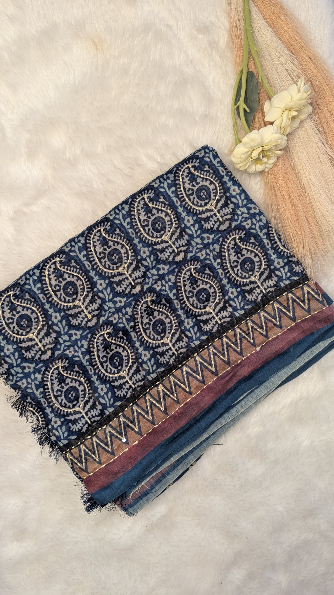 Cotton Kantha Thread Work Saree - Blue