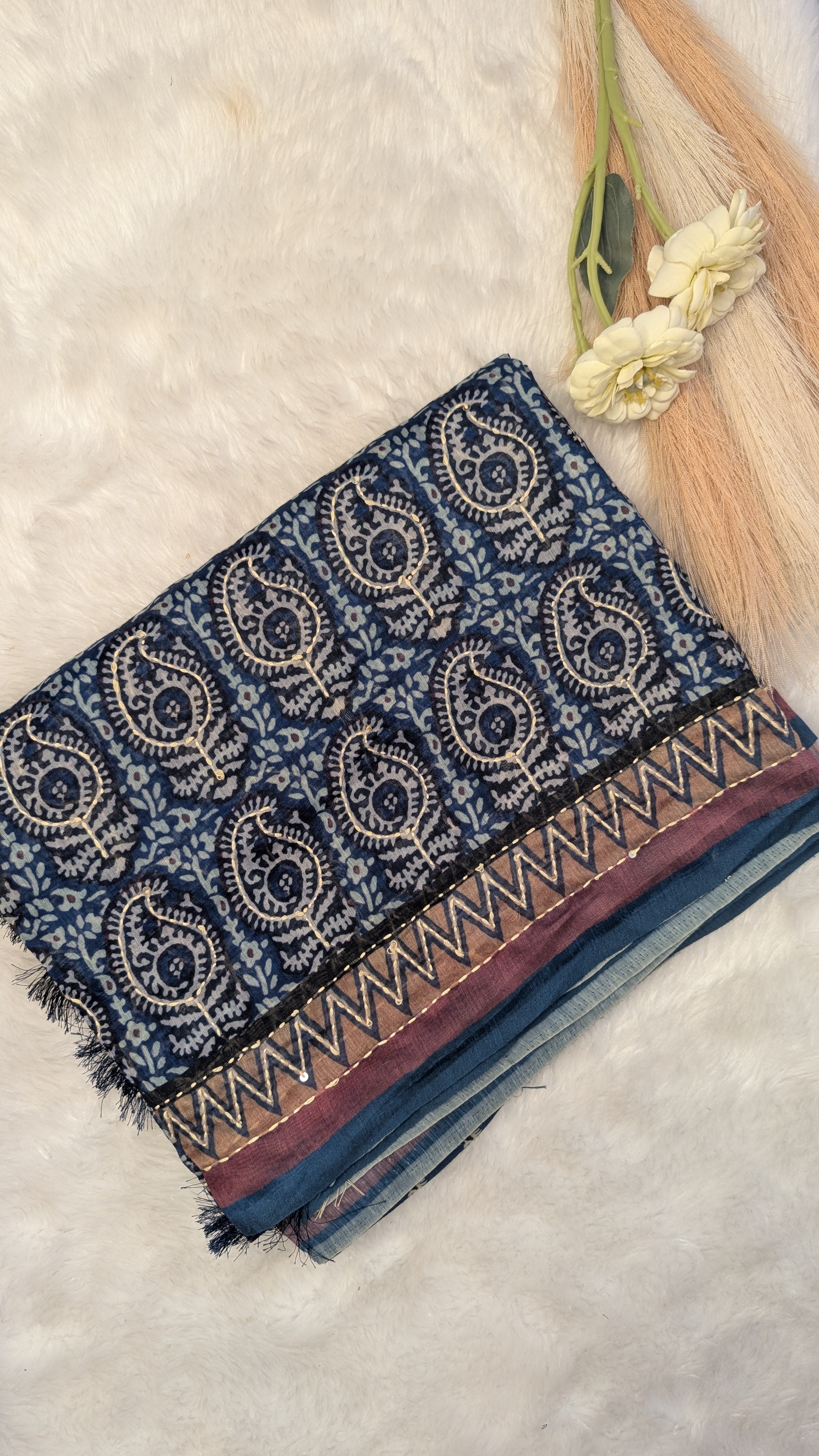 Cotton Kantha Thread Work Saree - Blue