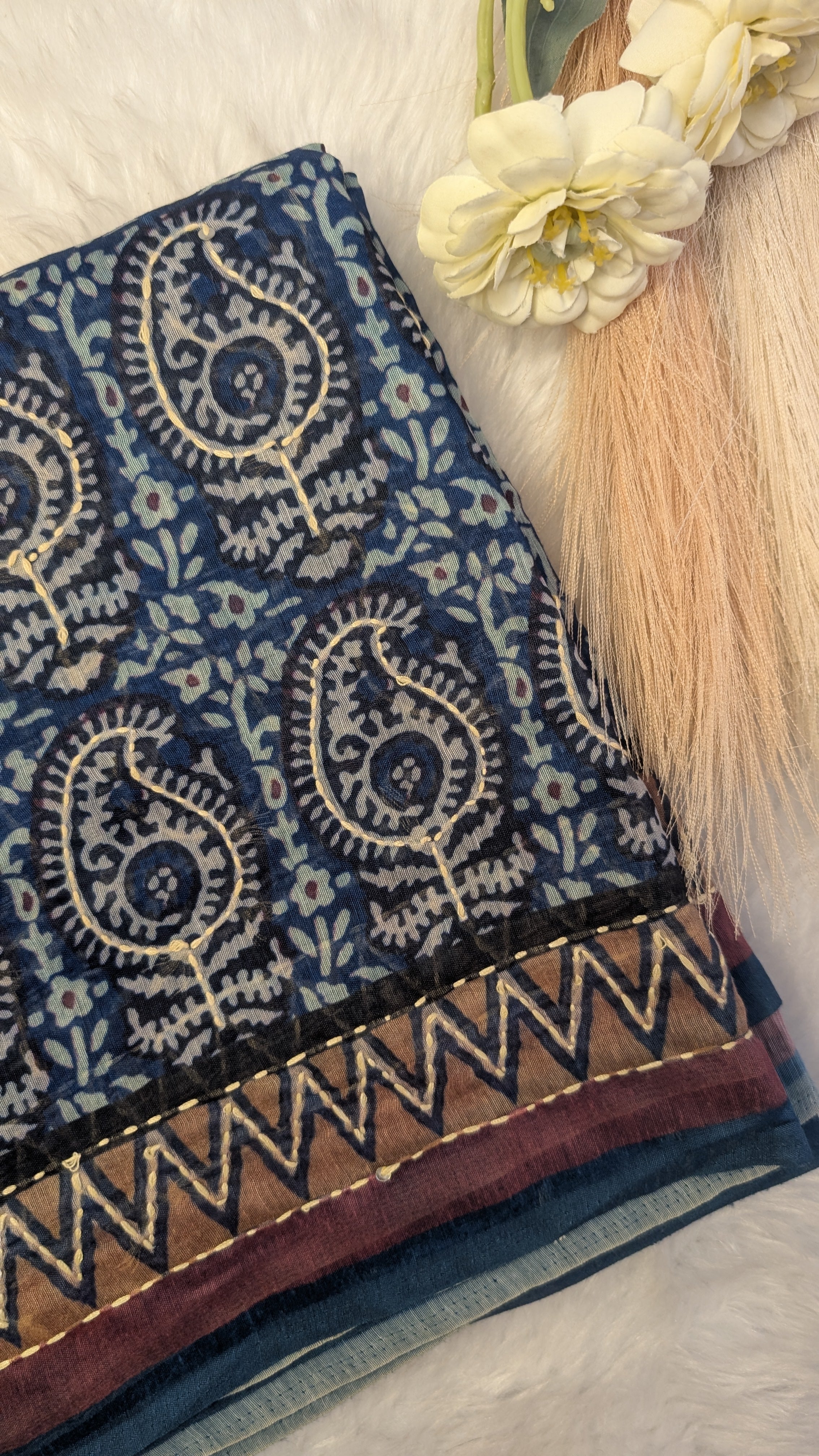 Cotton Kantha Thread Work Saree - Blue