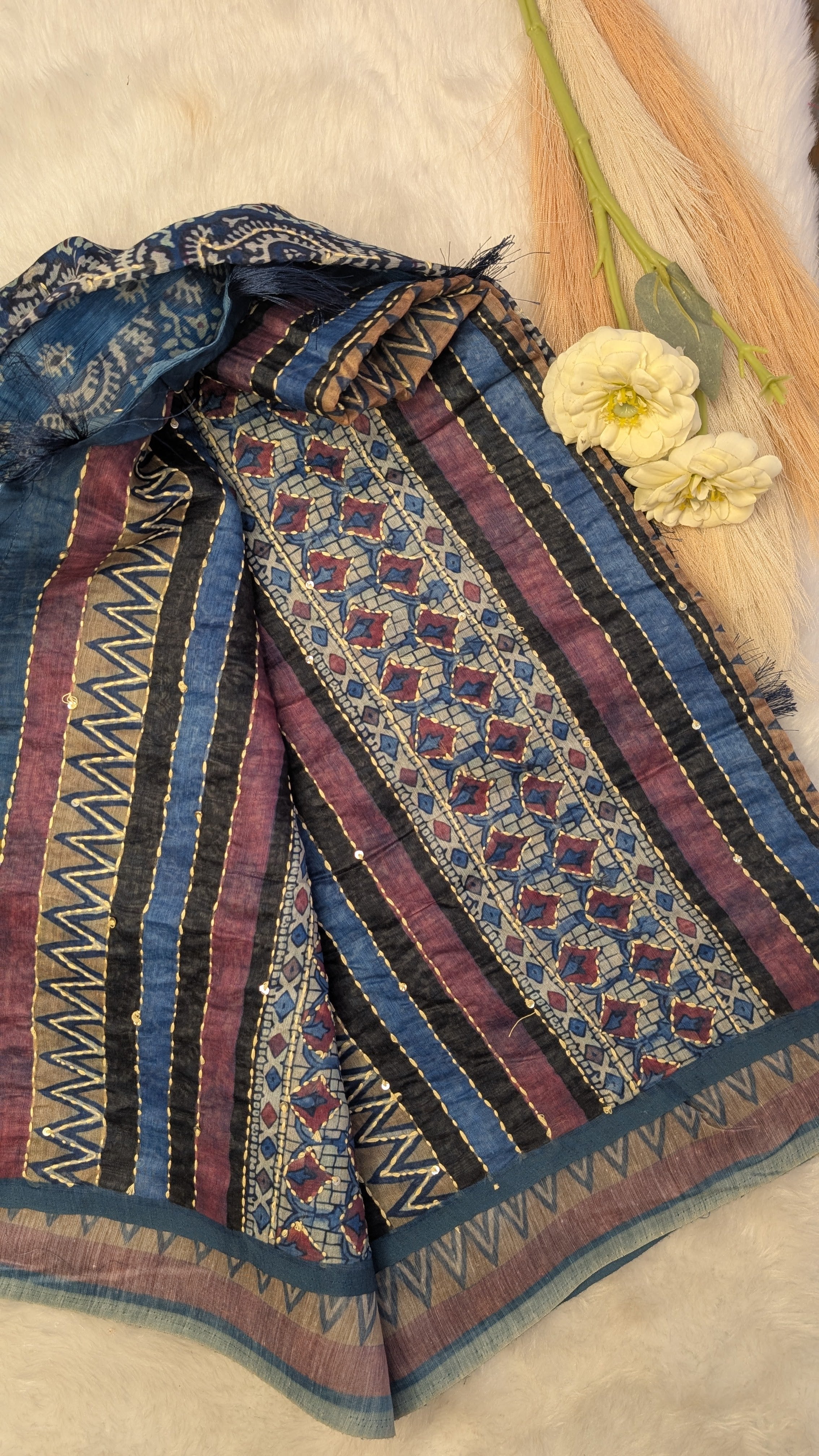 Cotton Kantha Thread Work Saree - Blue