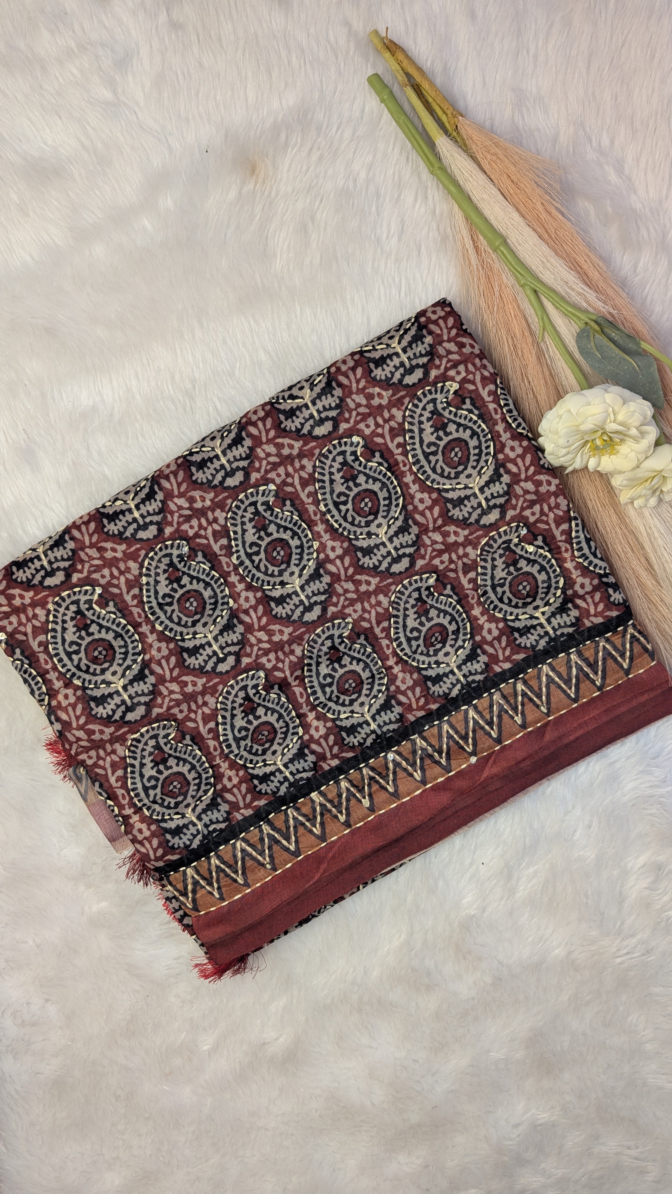 Cotton Kantha Thread Work Saree - Dark Red