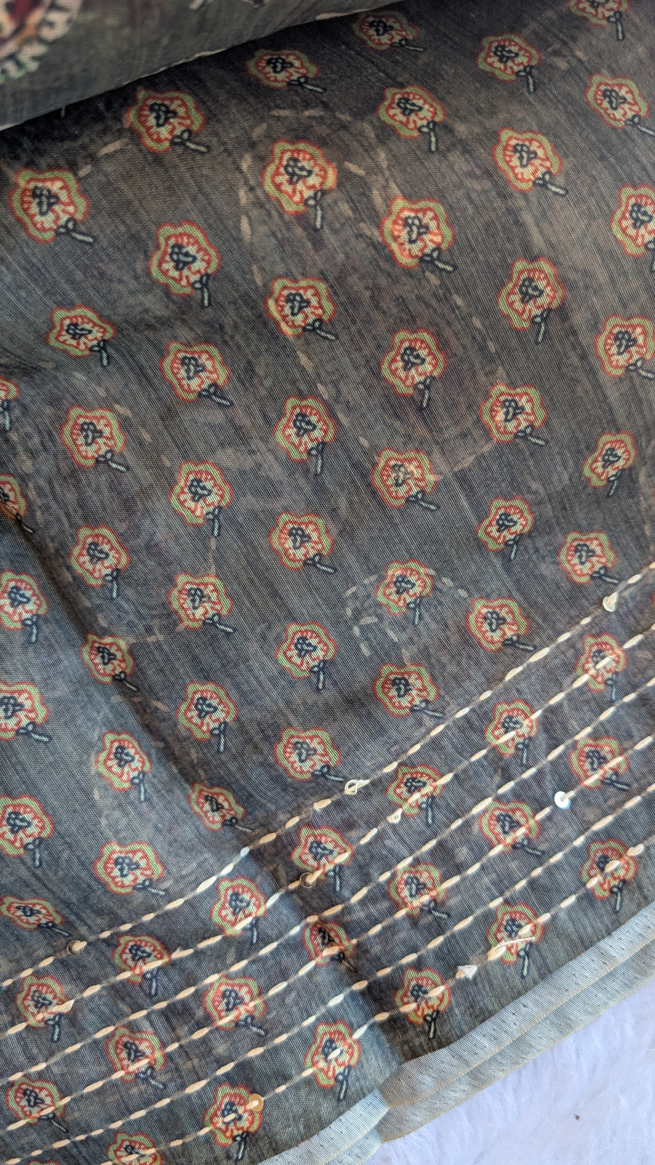 Cotton Kantha Thread Work Saree - Dark Green