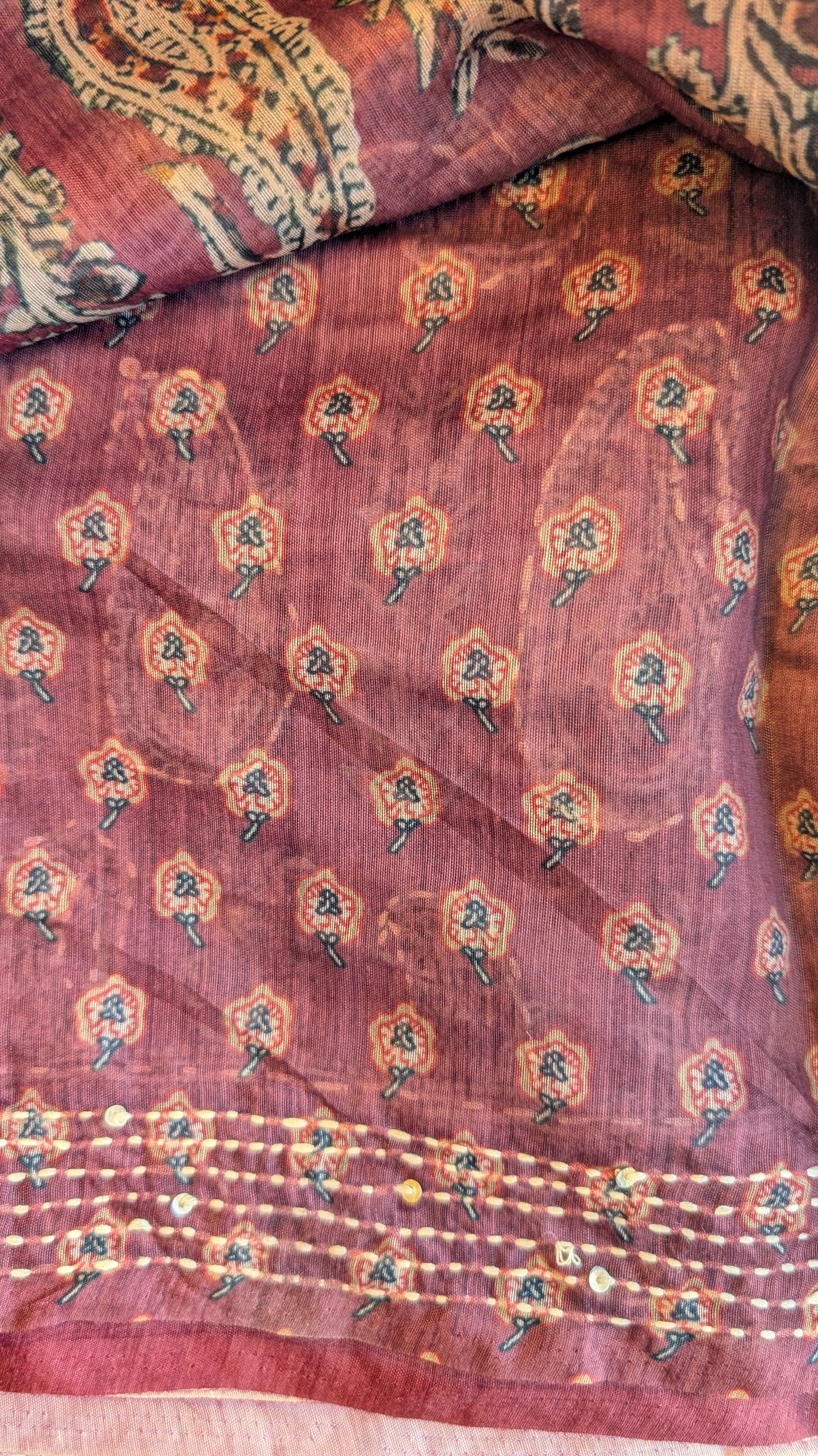 Cotton Kantha Thread Work Saree - Dark Red