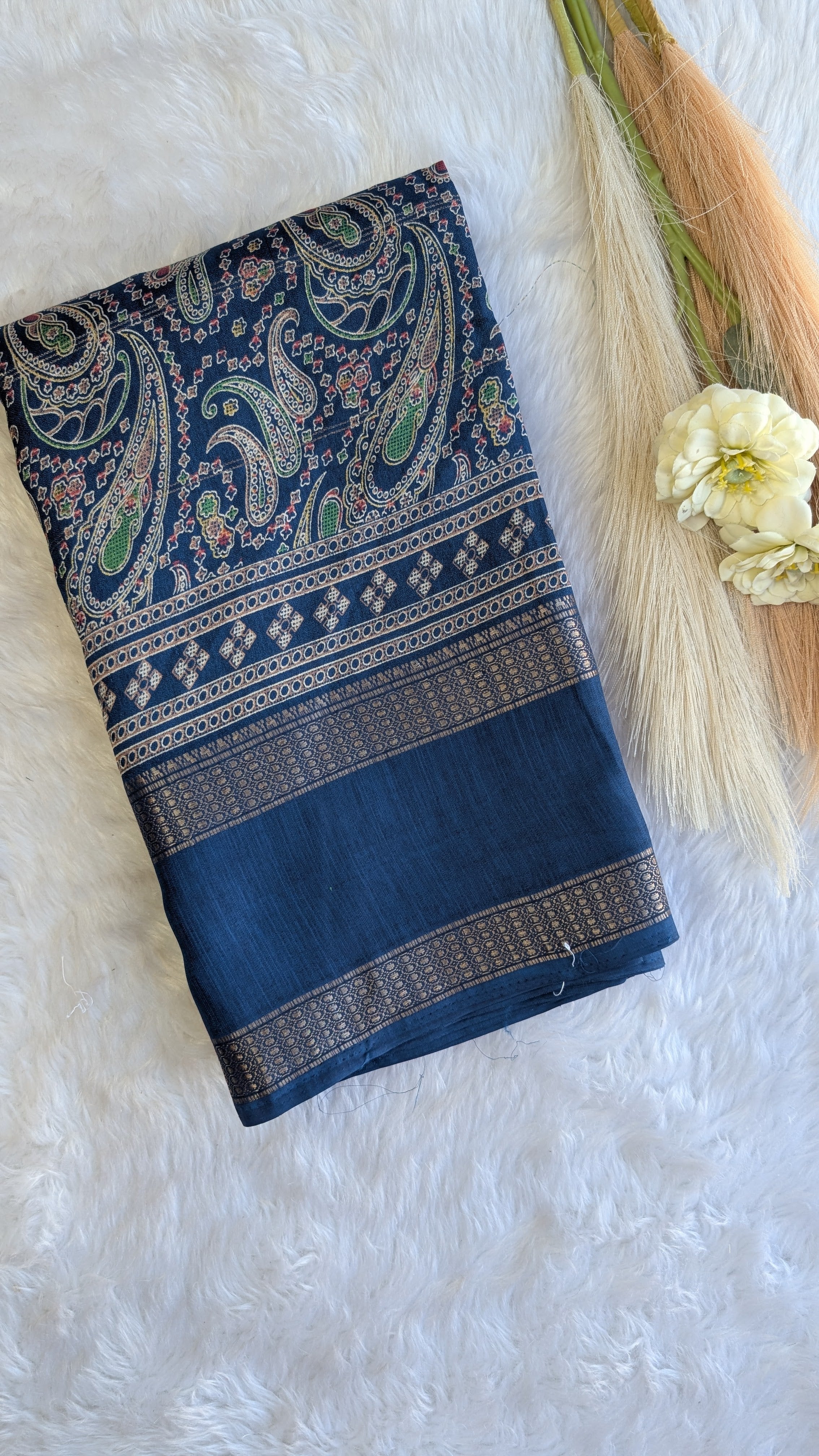 Soft Finish Saree with Intricate Prints & Elegant Double Border - Dark Blue