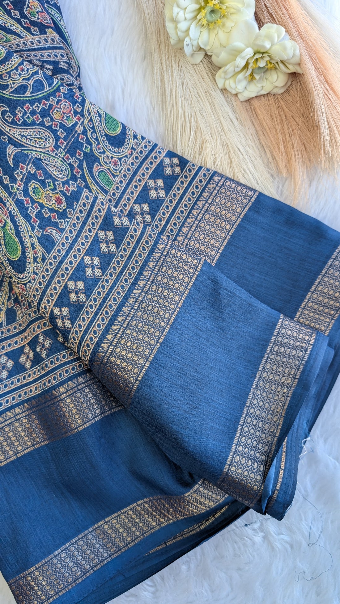 Soft Finish Saree with Intricate Prints & Elegant Double Border - Dark Blue