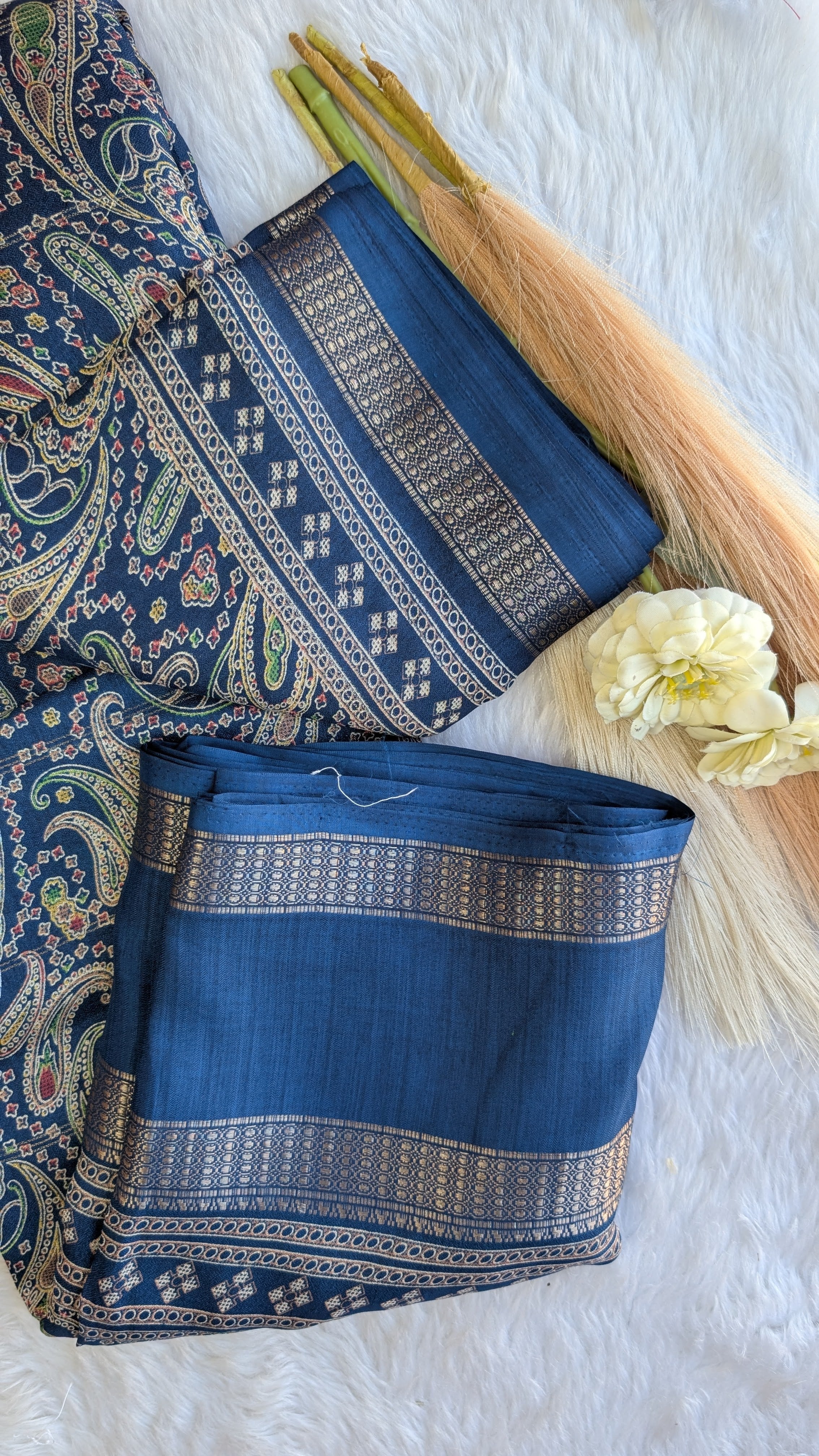 Soft Finish Saree with Intricate Prints & Elegant Double Border - Dark Blue