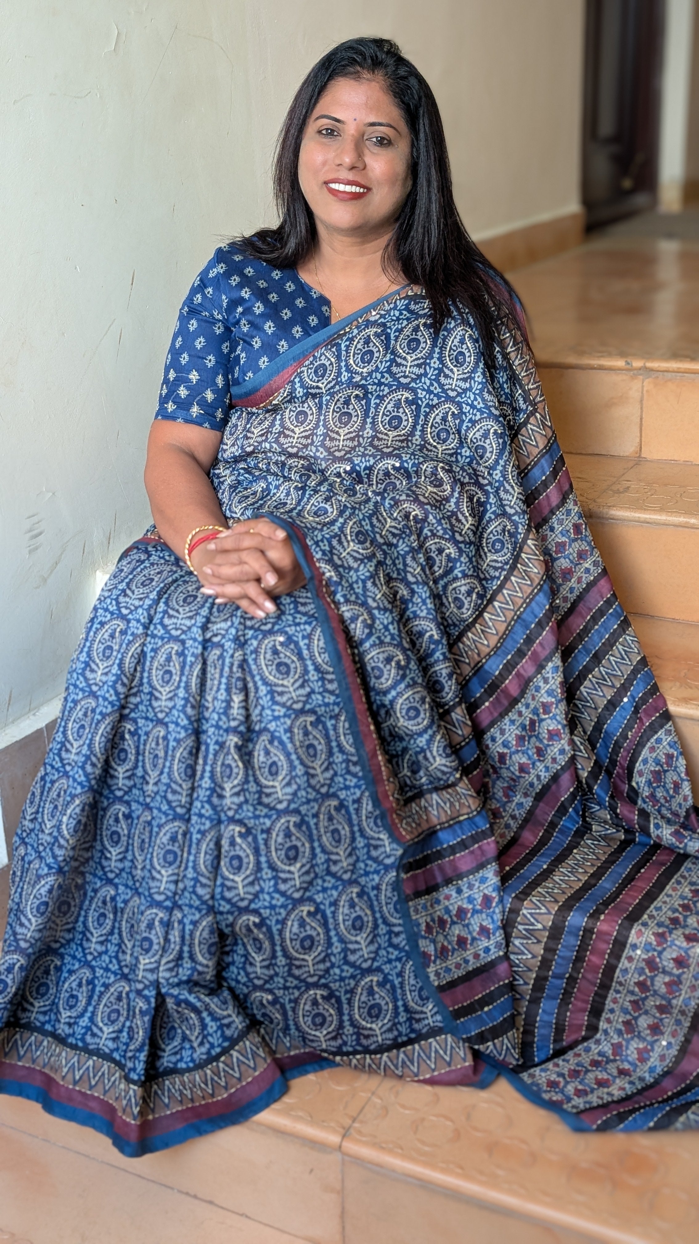 Cotton Kantha Thread Work Saree - Blue