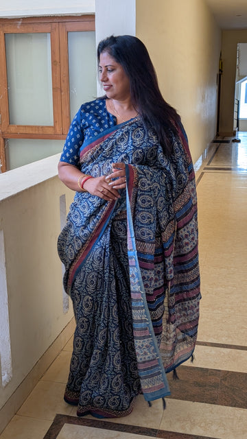 Cotton Kantha Thread Work Saree - Blue