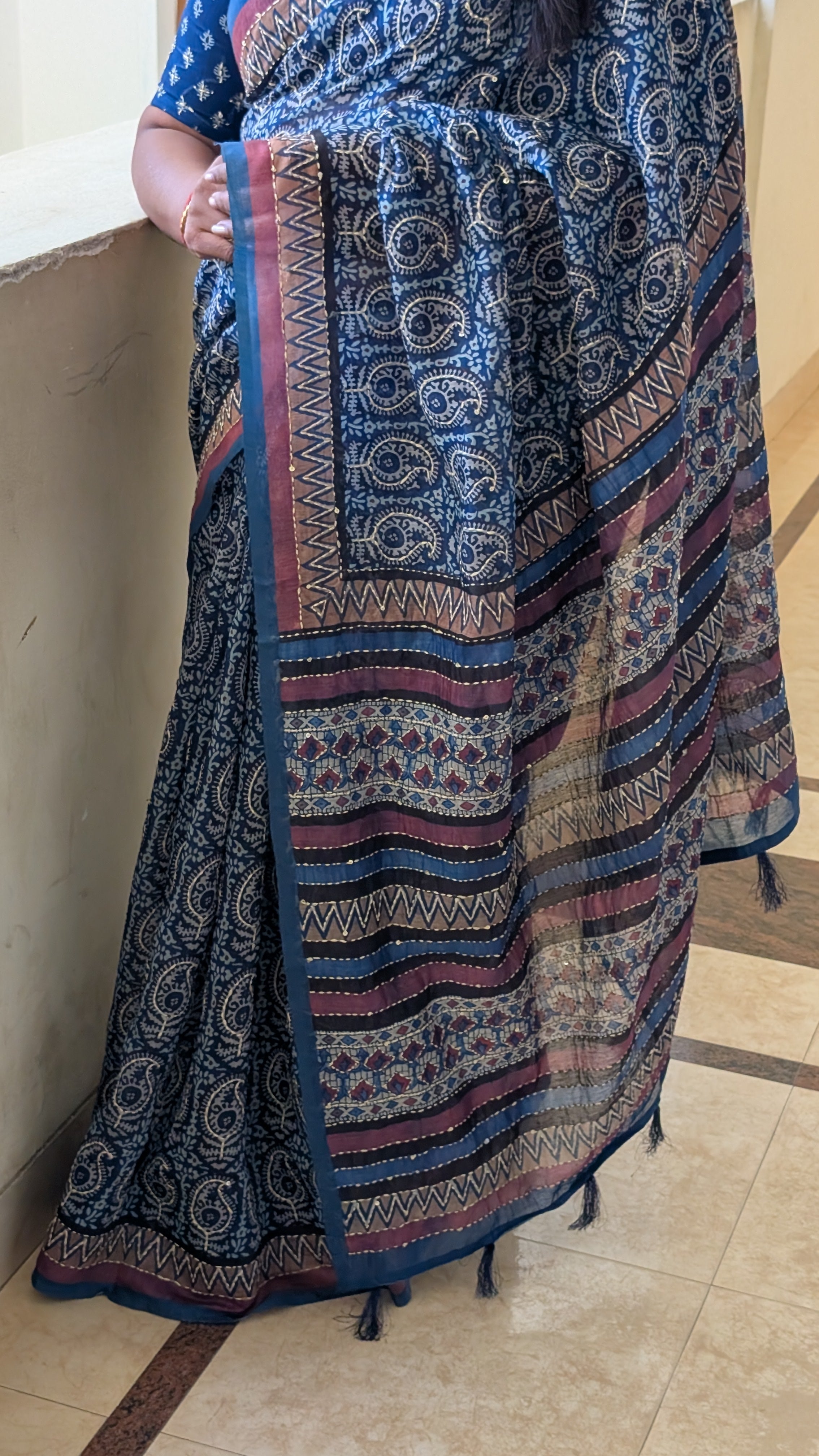 Cotton Kantha Thread Work Saree - Blue