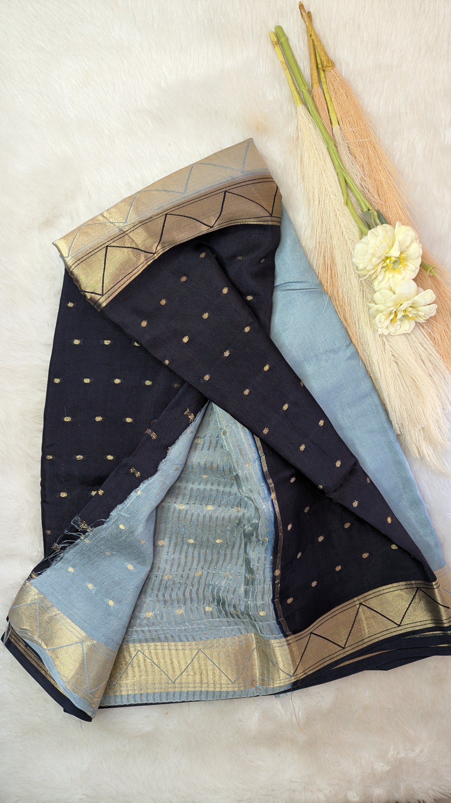 Blue and Grey Half n Half Crepe Silk Saree