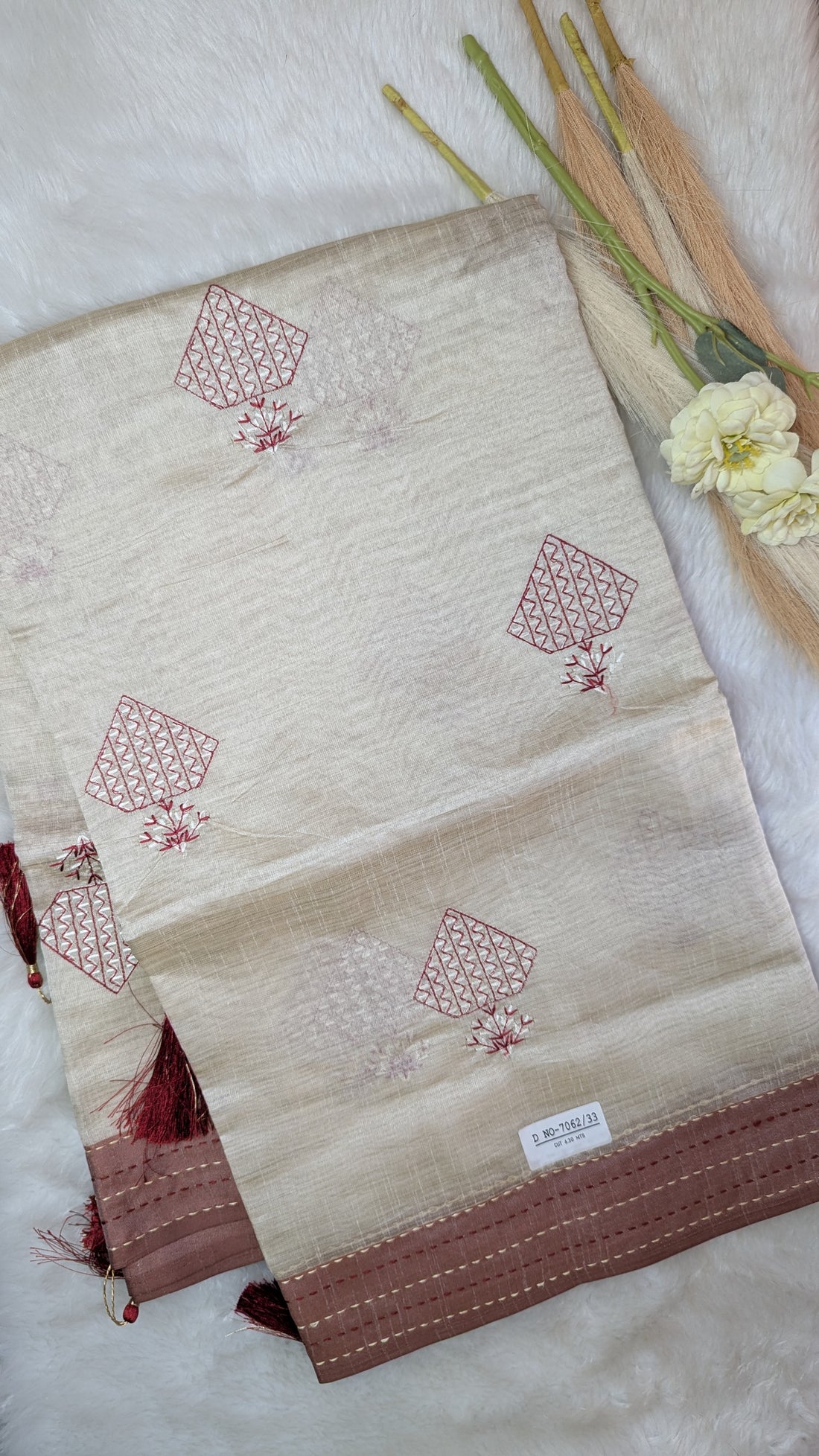 Cream and Brown Cotton mix Tussar silk with Embroidery