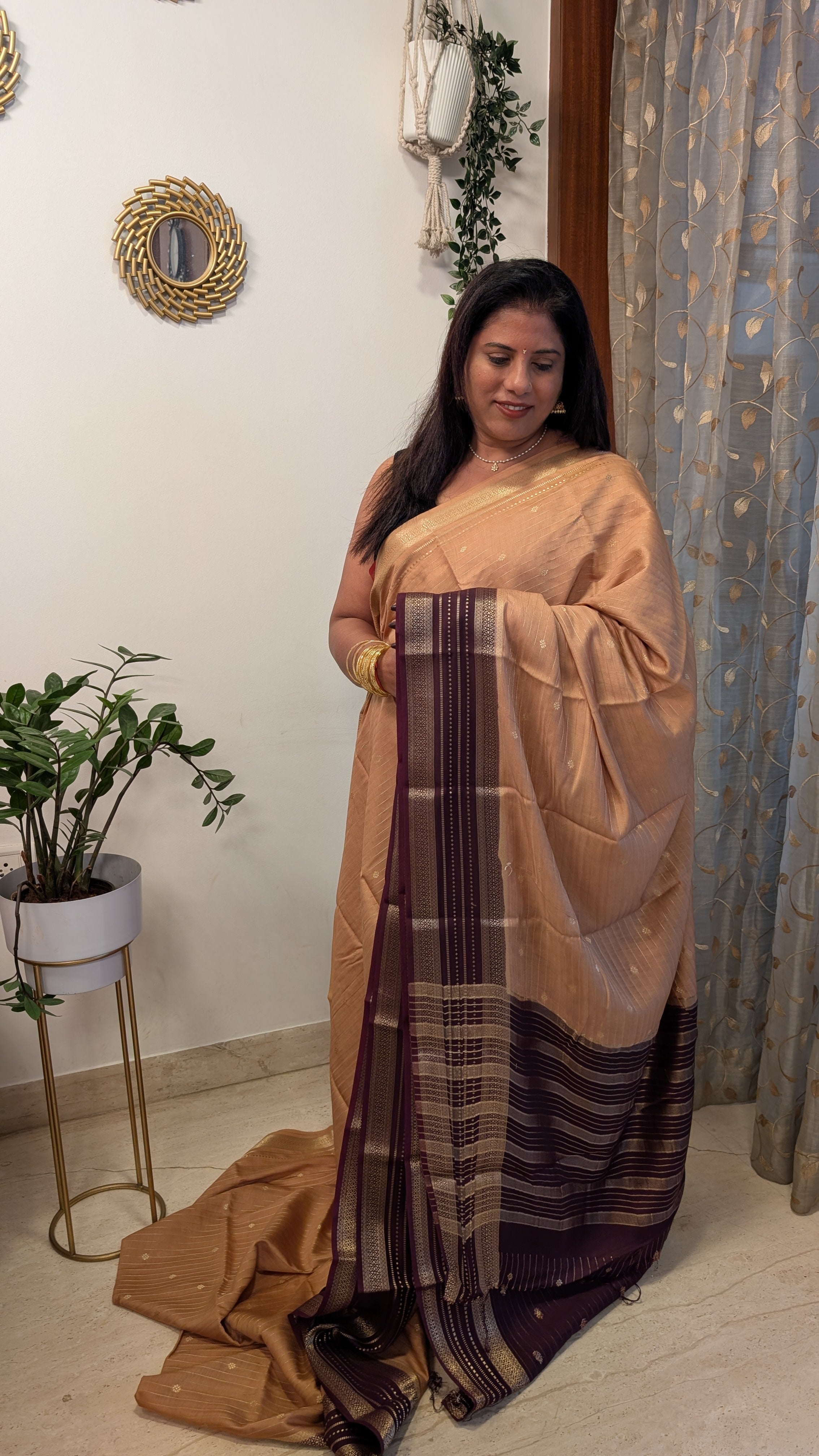 Chanderi Cotton Mix Silk Saree- Beige with Coffee brown